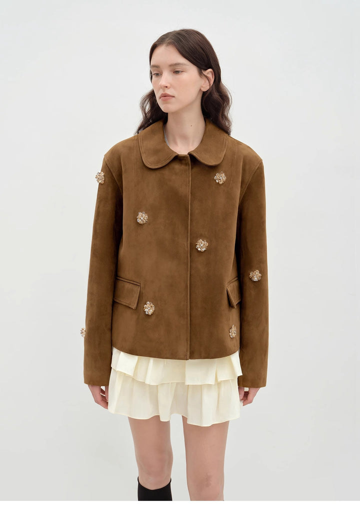 "Velour" high-grade beaded suede leather short leather jacket for women-4