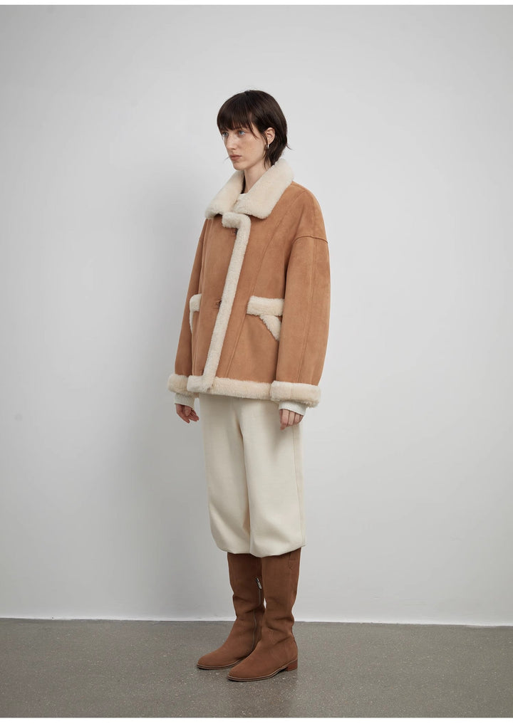 “Shepherds” Lapel biker wind wool artificial compound suede shearling coat  female-4