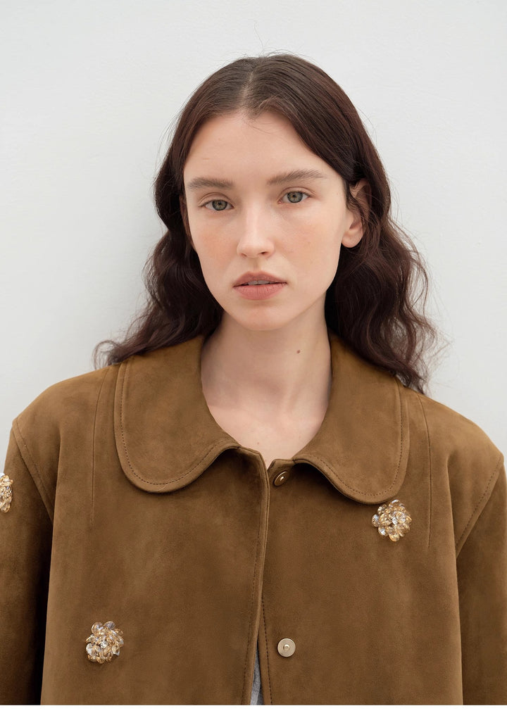 "Velour" high-grade beaded suede leather short leather jacket for women-1