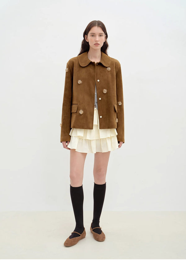 "Velour" high-grade beaded suede leather short leather jacket for women-0
