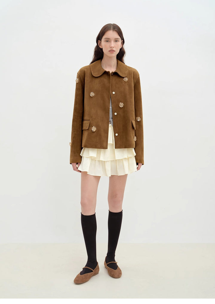 "Velour" high-grade beaded suede leather short leather jacket for women-0