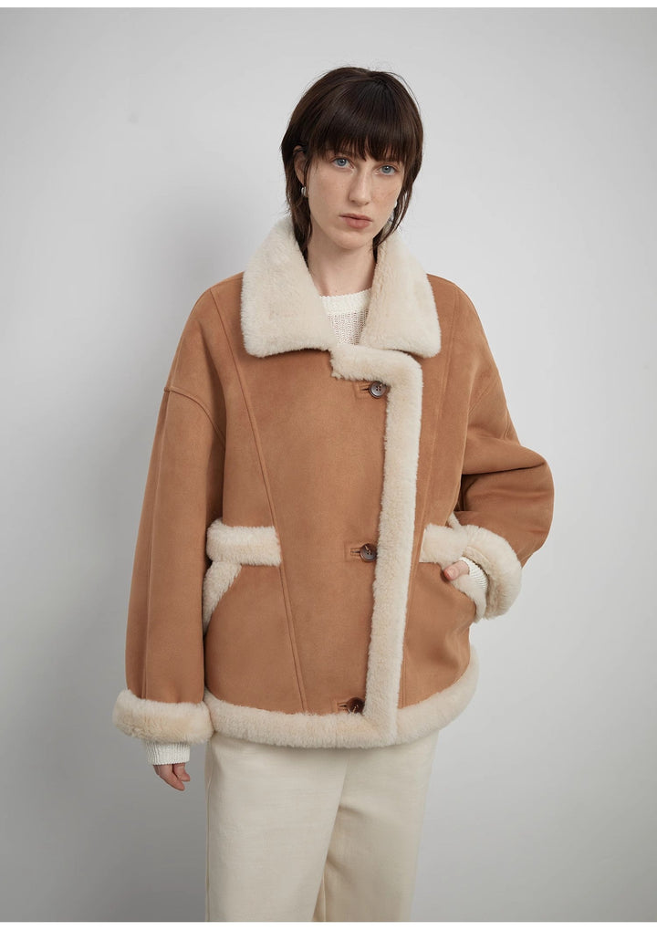 “Shepherds” Lapel biker wind wool artificial compound suede shearling coat  female-2