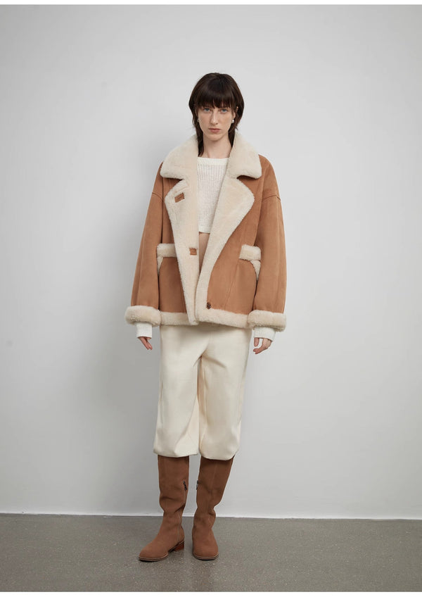 “Shepherds” Lapel biker wind wool artificial compound suede shearling coat  female-0