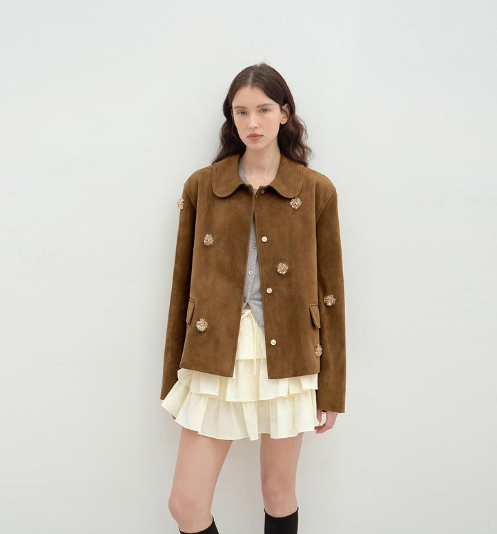 "Velour" high-grade beaded suede leather short leather jacket for women-5